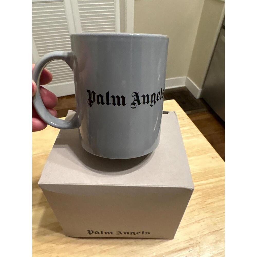 PALM ANGELS Logo Print Mug Designer Coffee Cup 4" Ceramic 12 oz. Gray NEW